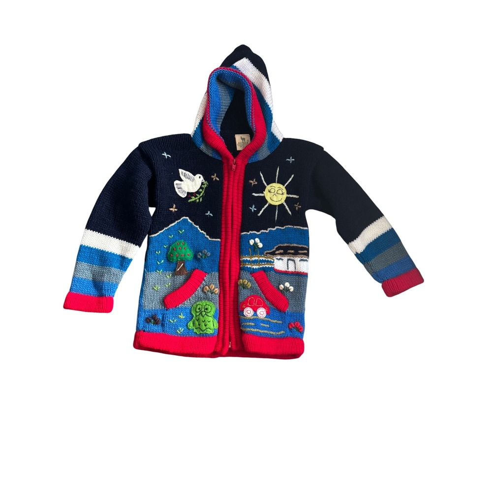 Alpaca Connection Kids Size 4 Handmade Peru Knit Hoodie Sun Owl‎ Pig Navy Red